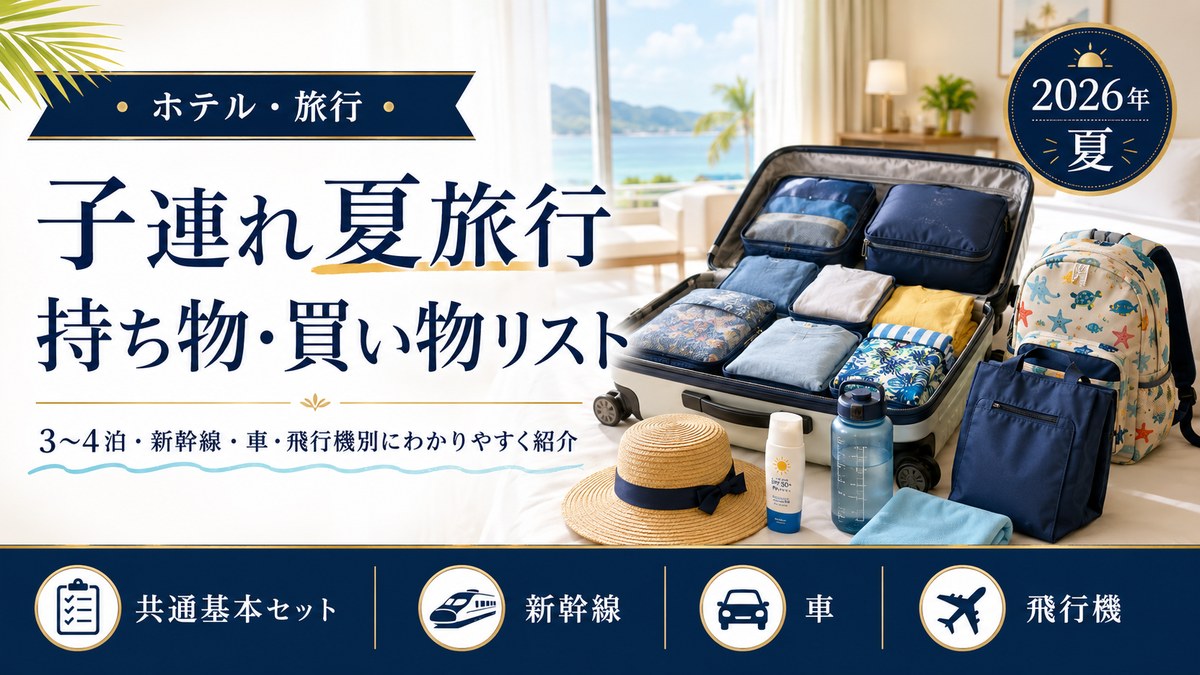 スーツケースに圧縮ポーチで整理された子連れ夏旅行の持ち物（2026年夏・新幹線・車・飛行機別の買い物リスト）