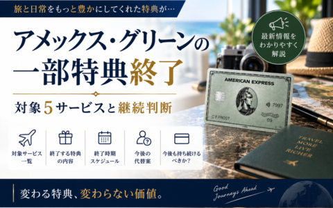 アメックス・グリーンの一部特典終了を解説する記事のアイキャッチ（グリーンカードと旅のイメージ）