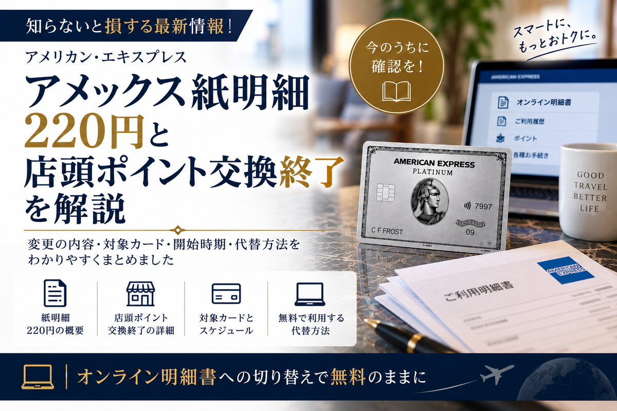 アメックス紙明細220円と店頭ポイント交換終了の解説記事アイキャッチ（プラチナカードと利用明細書のイメージ）