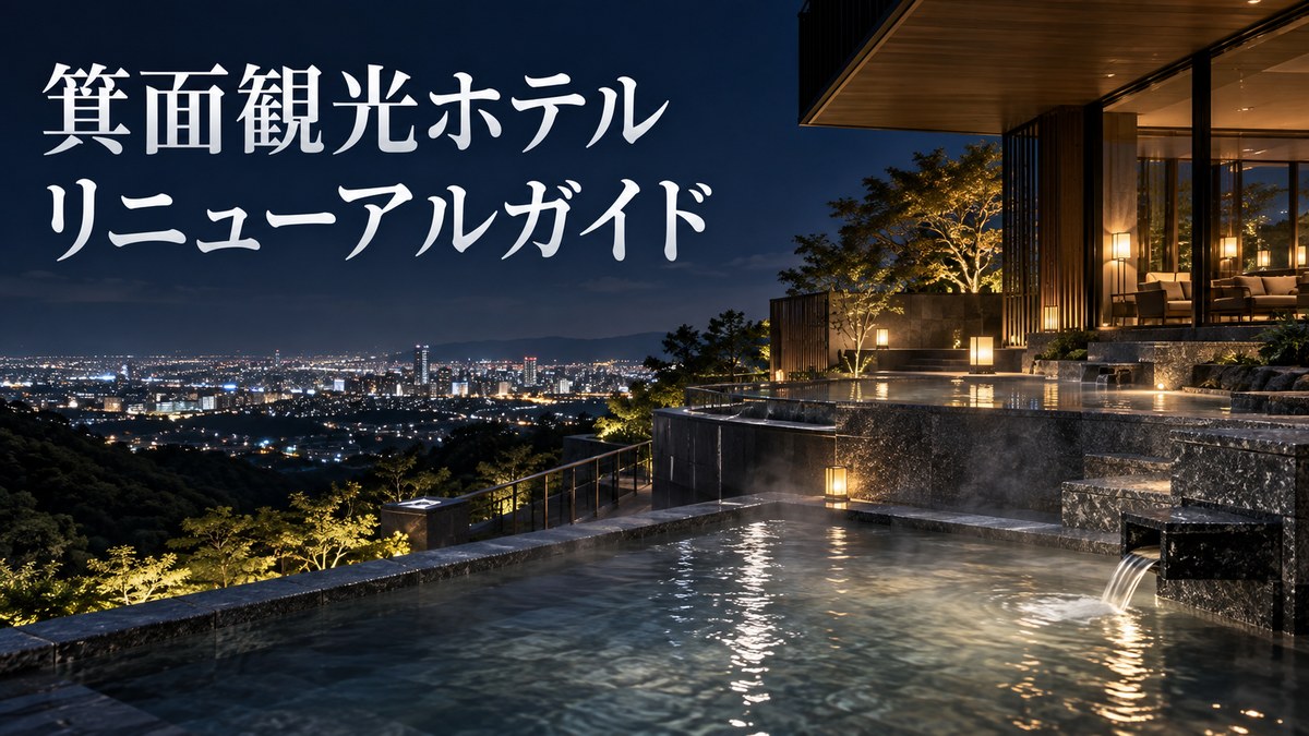 大江戸温泉物語Premium 箕面観光ホテル改装ガイドのアイキャッチ。大阪平野の夜景を望む天空露天風呂のイメージ