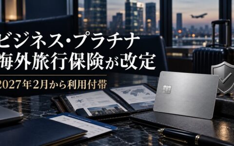 アメックス・ビジネス・プラチナの海外旅行傷害保険が2027年2月から利用付帯に変わることを示すアイキャッチ画像
