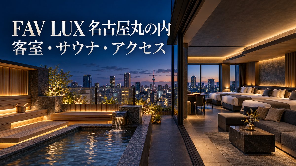 FAV LUX 名古屋丸の内ガイドのアイキャッチ。夜景を望む屋上のサウナテラスと複数のベッドが並ぶ広い客室を描いた生成イメージで、実在の館内の写真ではありません
