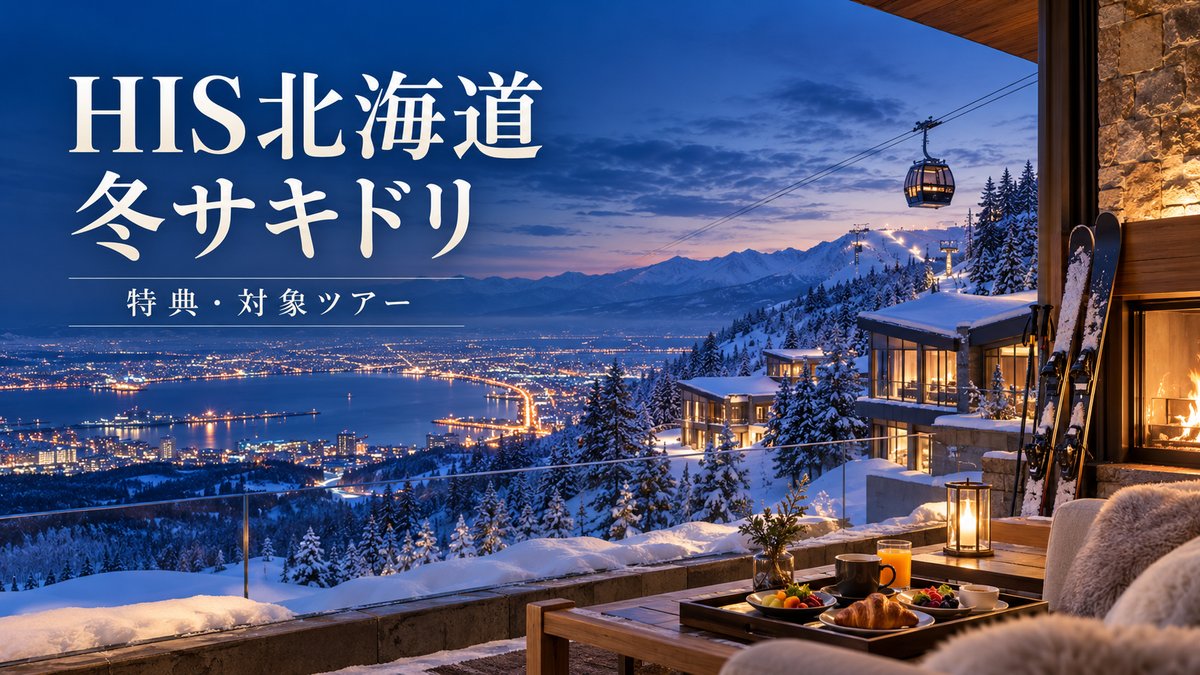 雪のゲレンデとゴンドラ、夜景を望むテラスの朝食に「HIS北海道 冬サキドリ」の文字を重ねたアイキャッチ画像