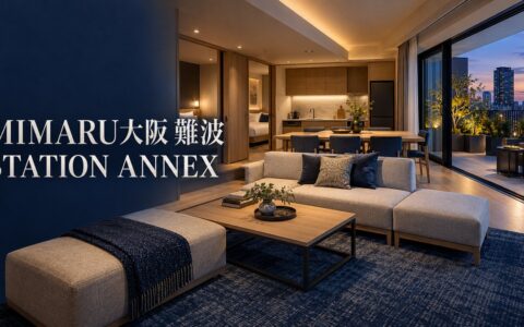 MIMARU大阪 難波STATION ANNEXガイドのアイキャッチ。家族で過ごすアパートメントホテルの客室を描いた生成イメージで、実在の客室の写真ではありません