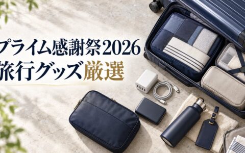 プライム感謝祭2026で買いたい旅行グッズのアイキャッチ。スーツケースの中の圧縮ポーチと充電器・モバイルバッテリー・ボトルを並べたイメージ画像