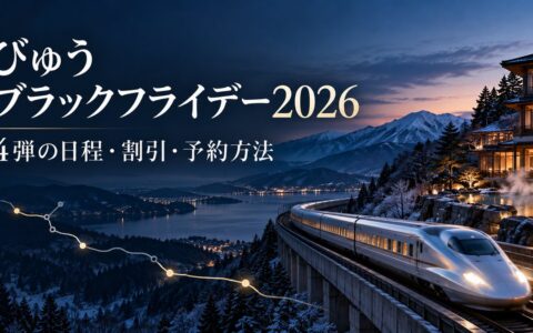 雪山と湖を背に走る新幹線と温泉旅館の夜景に「びゅうブラックフライデー2026」の文字を重ねたアイキャッチ画像