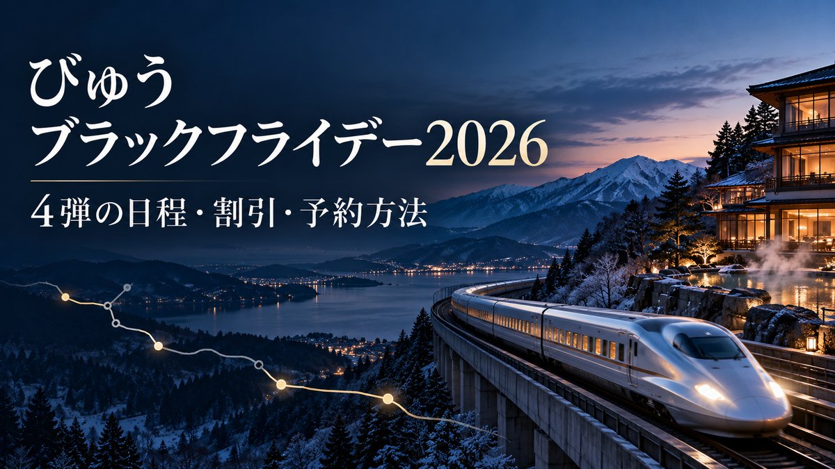 雪山と湖を背に走る新幹線と温泉旅館の夜景に「びゅうブラックフライデー2026」の文字を重ねたアイキャッチ画像